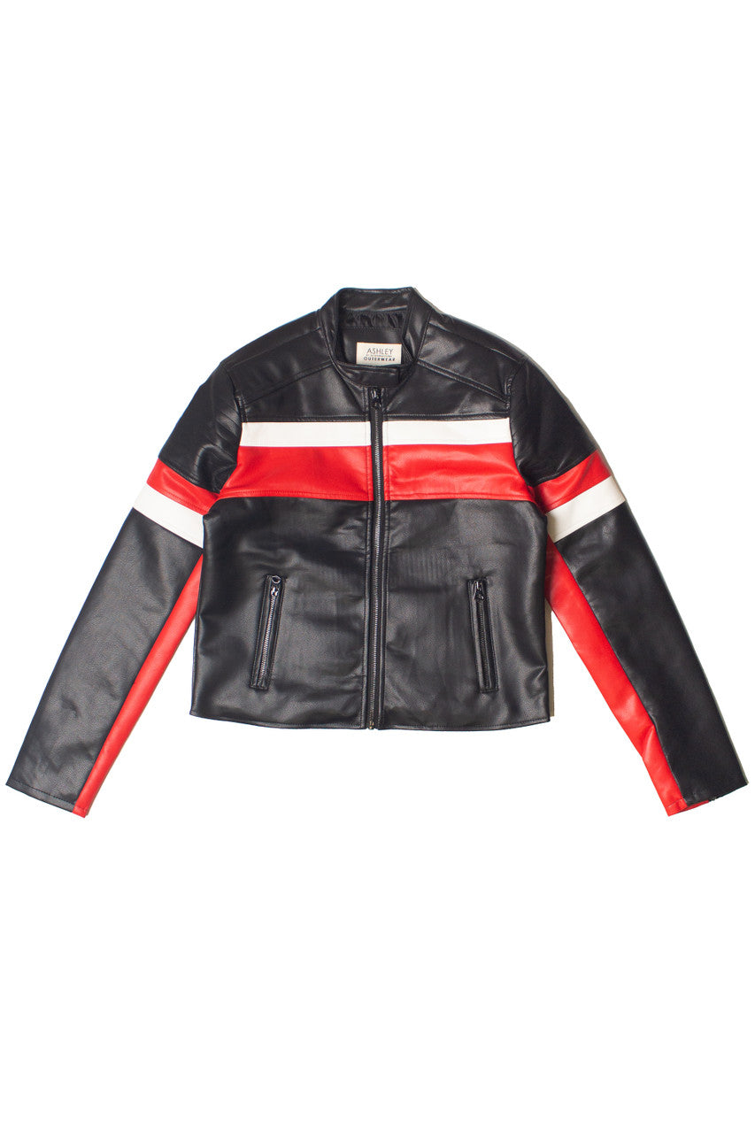 Racing Stripe Pleather Moto Jacket