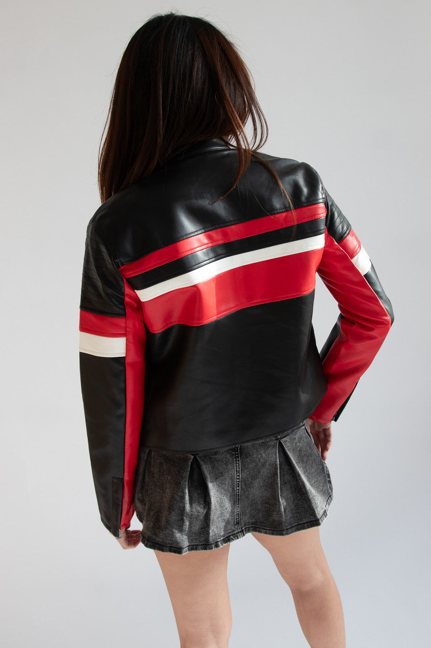 Racing Stripe Pleather Moto Jacket