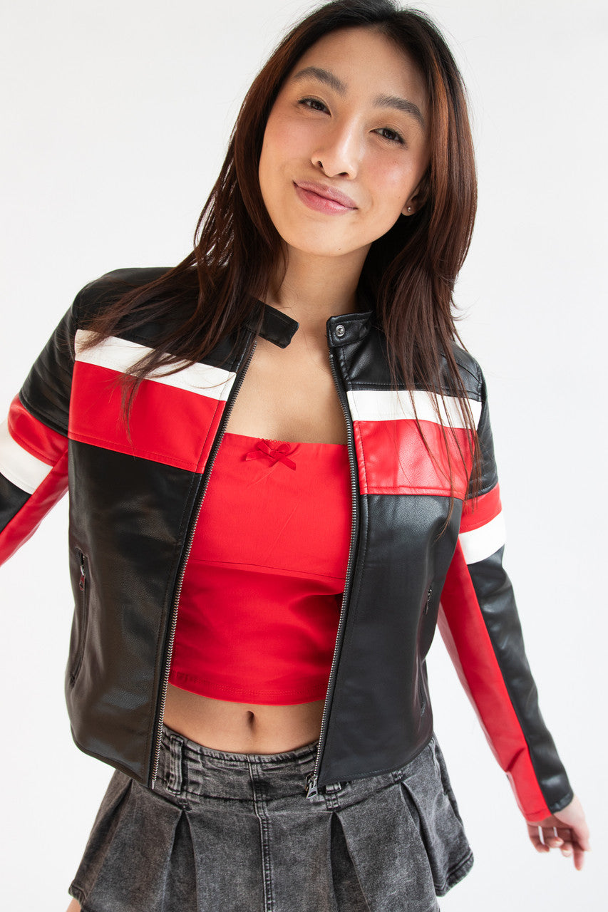 Racing Stripe Pleather Moto Jacket