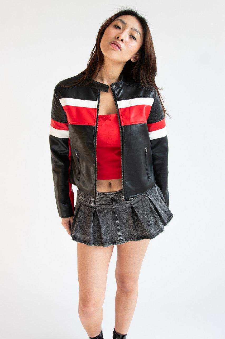 Racing Stripe Pleather Moto Jacket