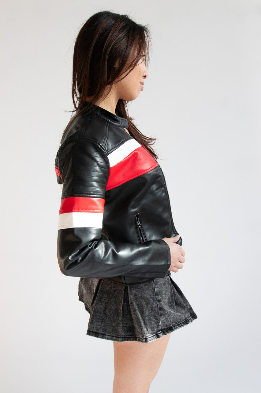 Racing Stripe Pleather Moto Jacket