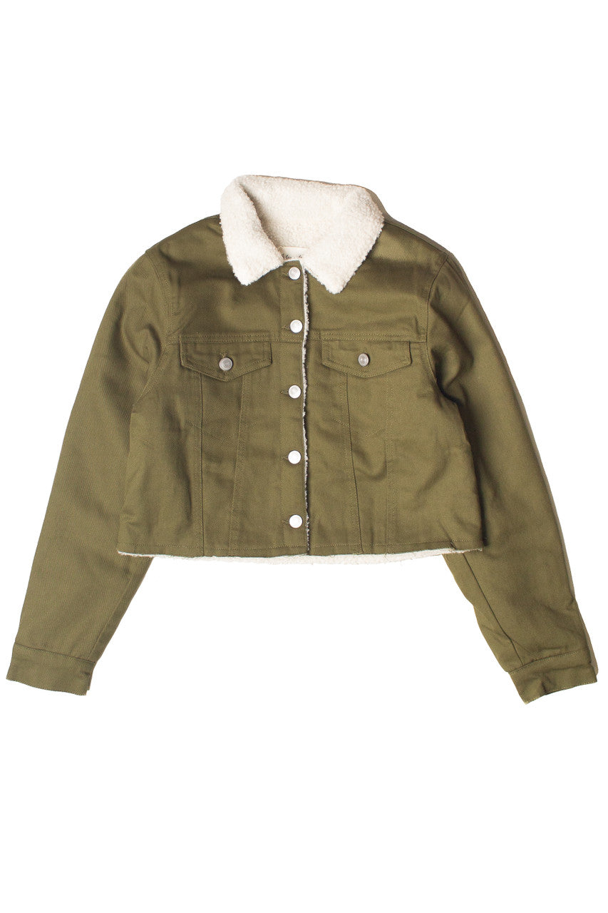 Olive Green Sherpa Lined Denim Jacket