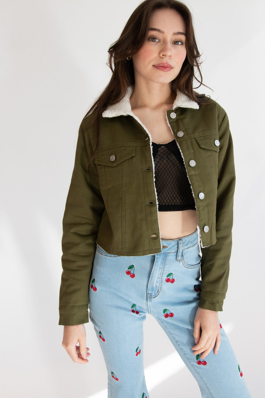 Olive Green Sherpa Lined Denim Jacket