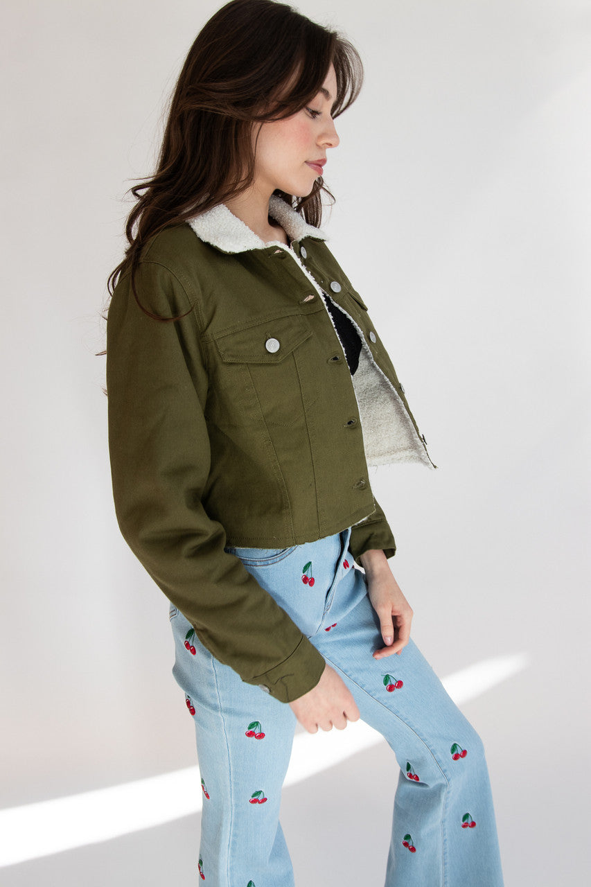 Olive Green Sherpa Lined Denim Jacket