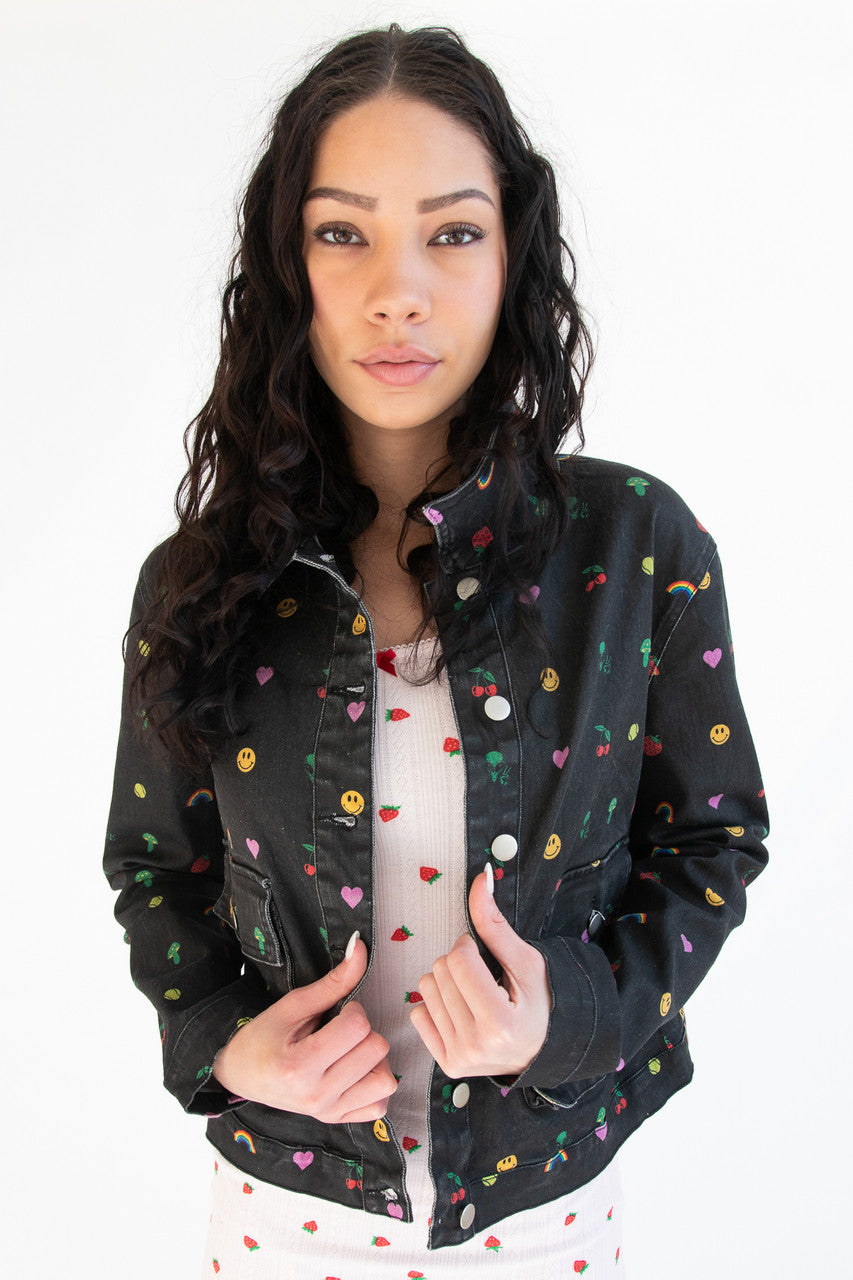 Nostalgic Sticker Print Denim Jacket