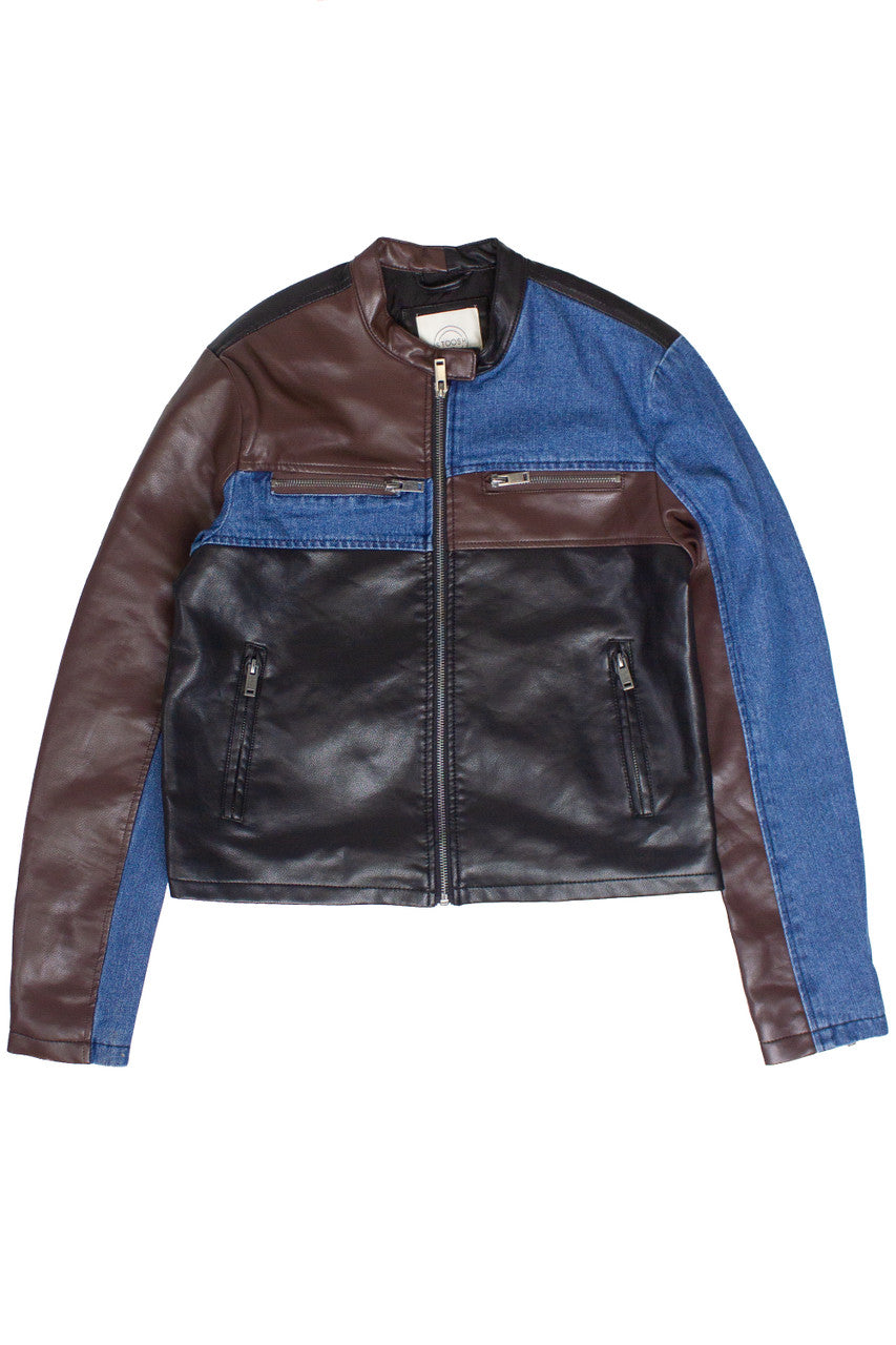 Pleather & Denim Color Block Moto Jacket