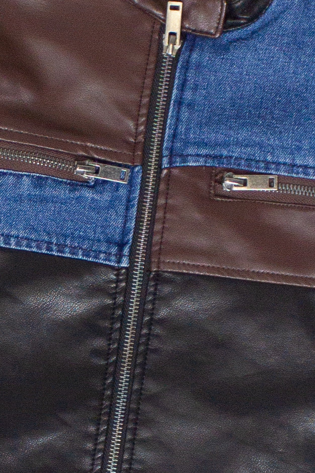 Pleather & Denim Color Block Moto Jacket