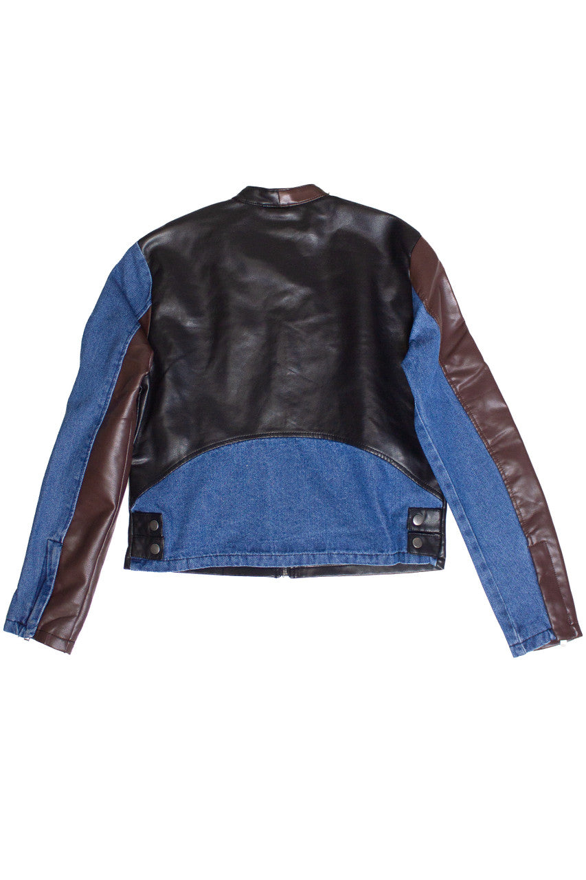 Pleather & Denim Color Block Moto Jacket