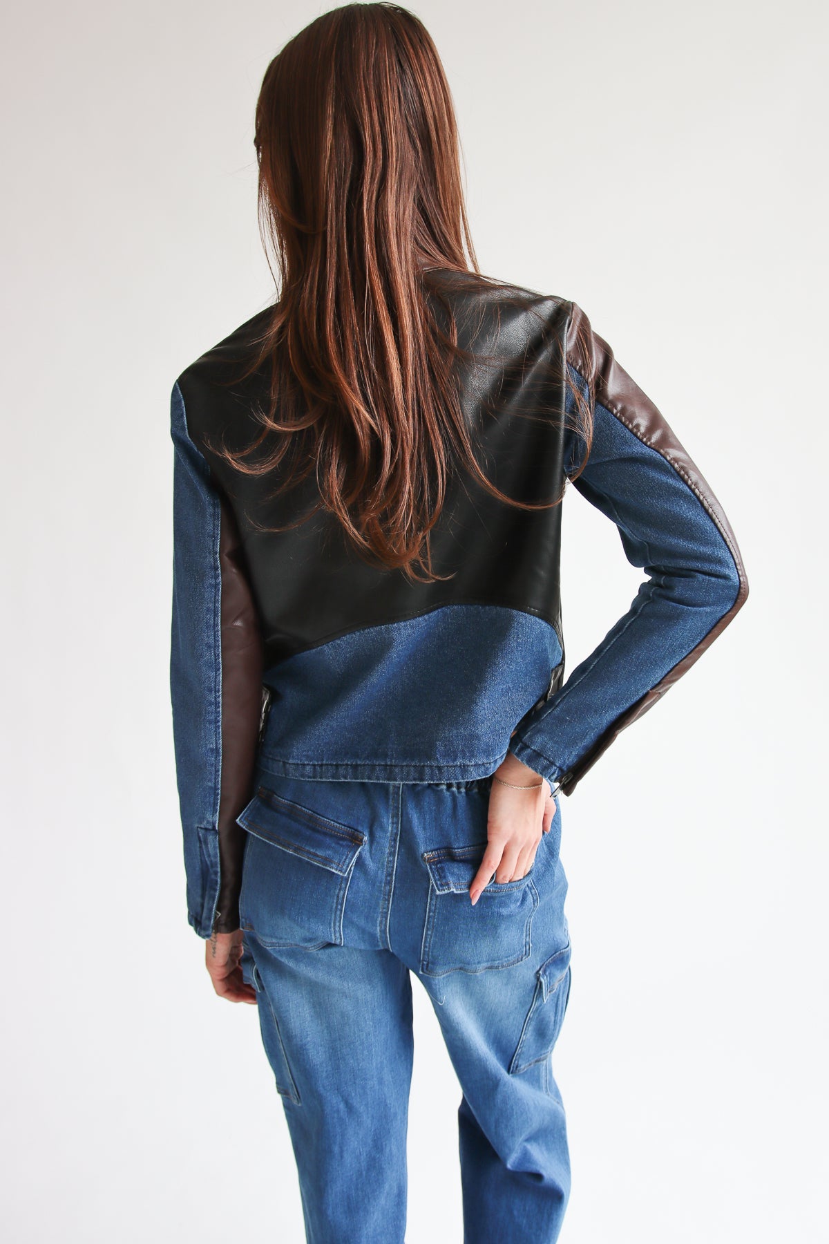 Denim Pleather Moto Jacket Back View