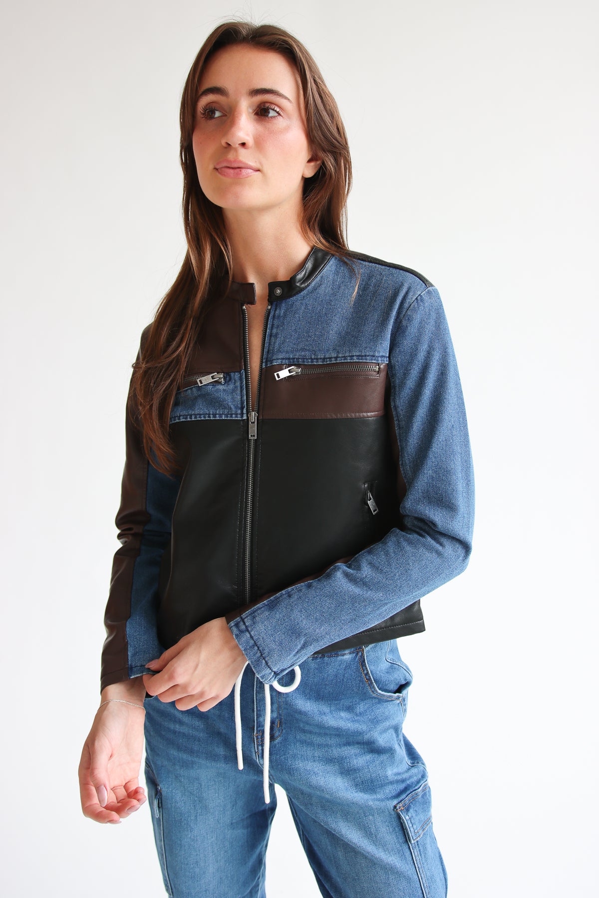 Denim Pleather Moto Jacket