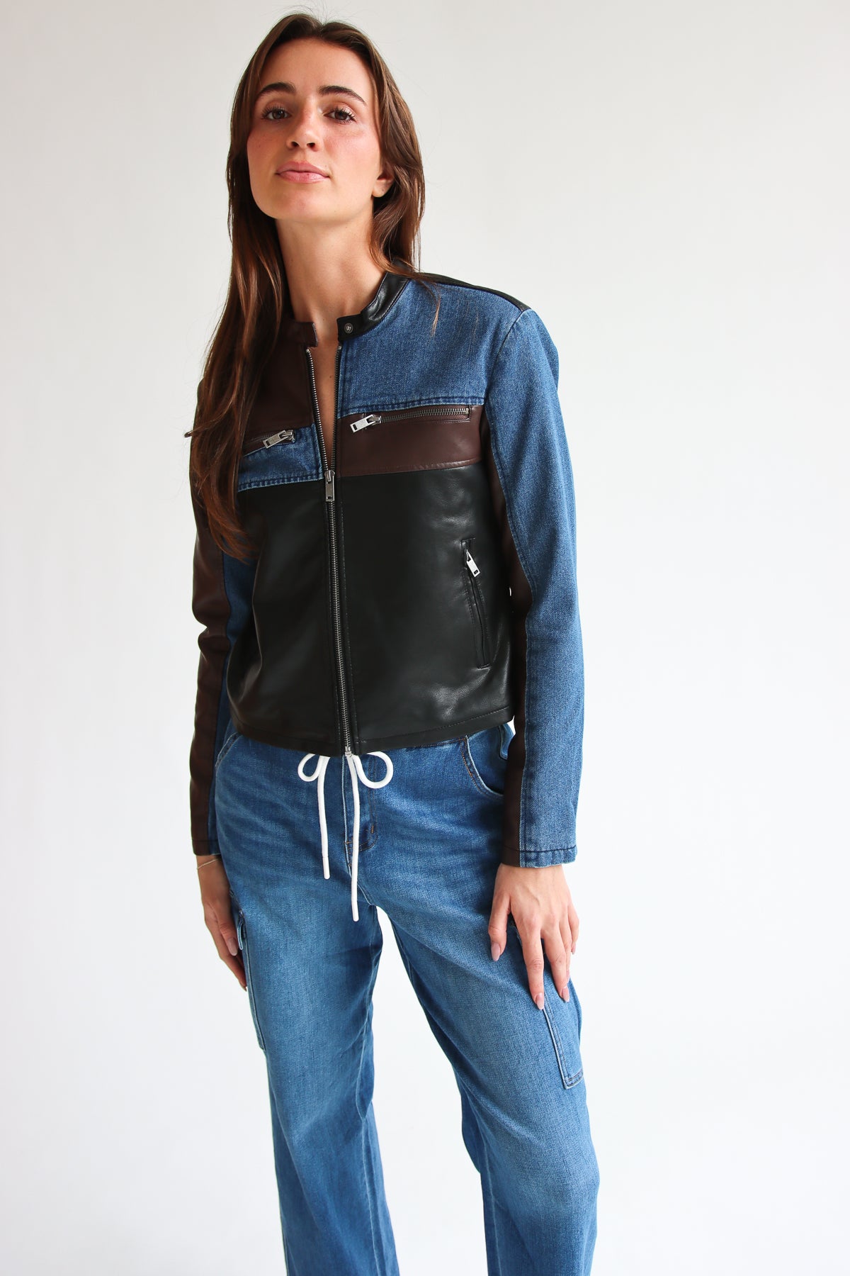 Denim Jackets Richlook Leather Jacket Pleather Denim Color Block