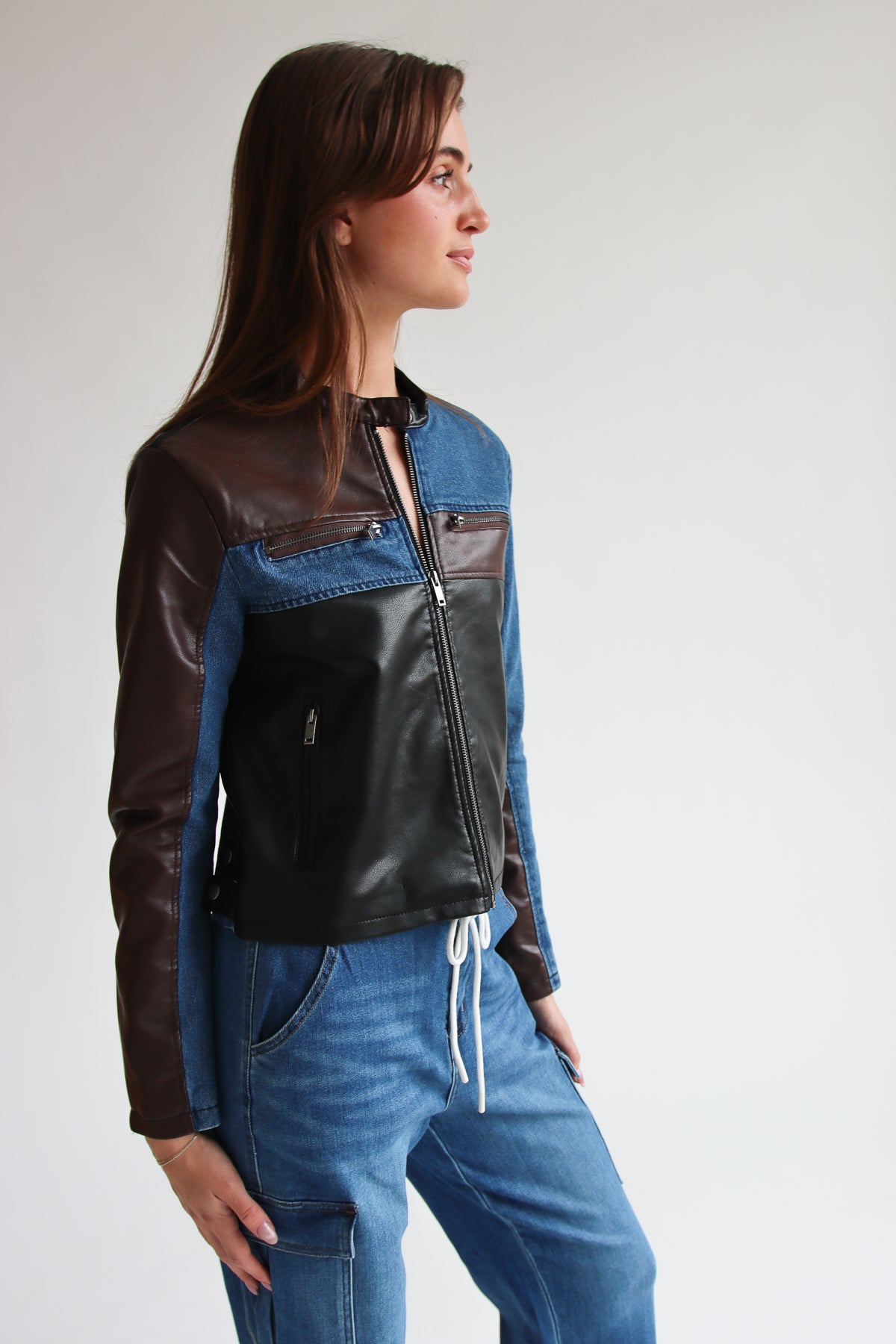 Denim Pleather Moto Jacket side View