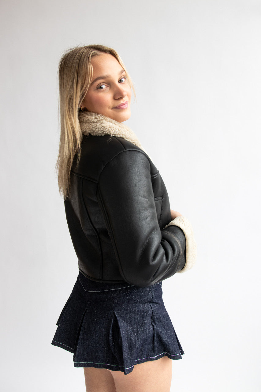 Faux Fur Lined Pleather Bomber Jacket