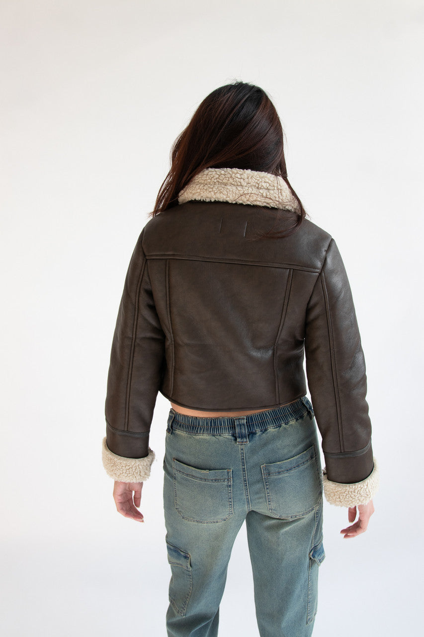 Faux Fur Lined Pleather Bomber Jacket