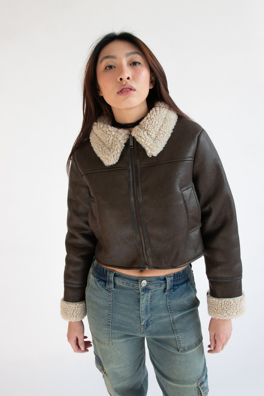 Faux Fur Lined Pleather Bomber Jacket