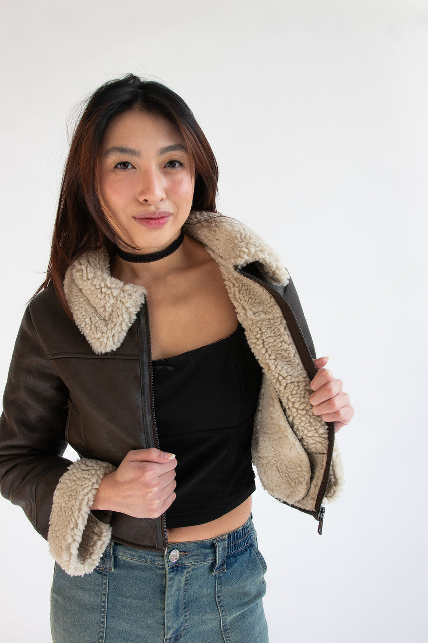 Faux Fur Lined Pleather Bomber Jacket