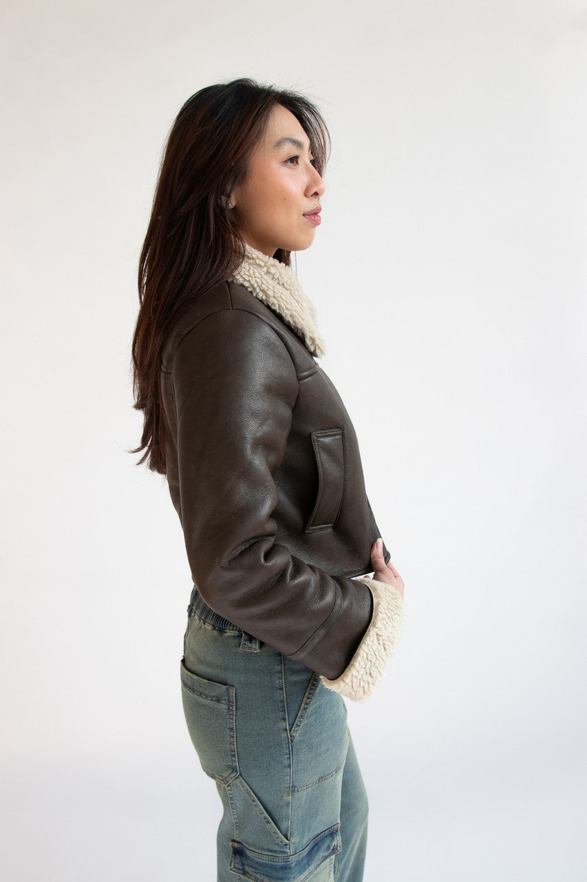 Faux Fur Lined Pleather Bomber Jacket
