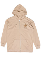 Embroidered Waffle Knit Zip Up Hoodie - Beige