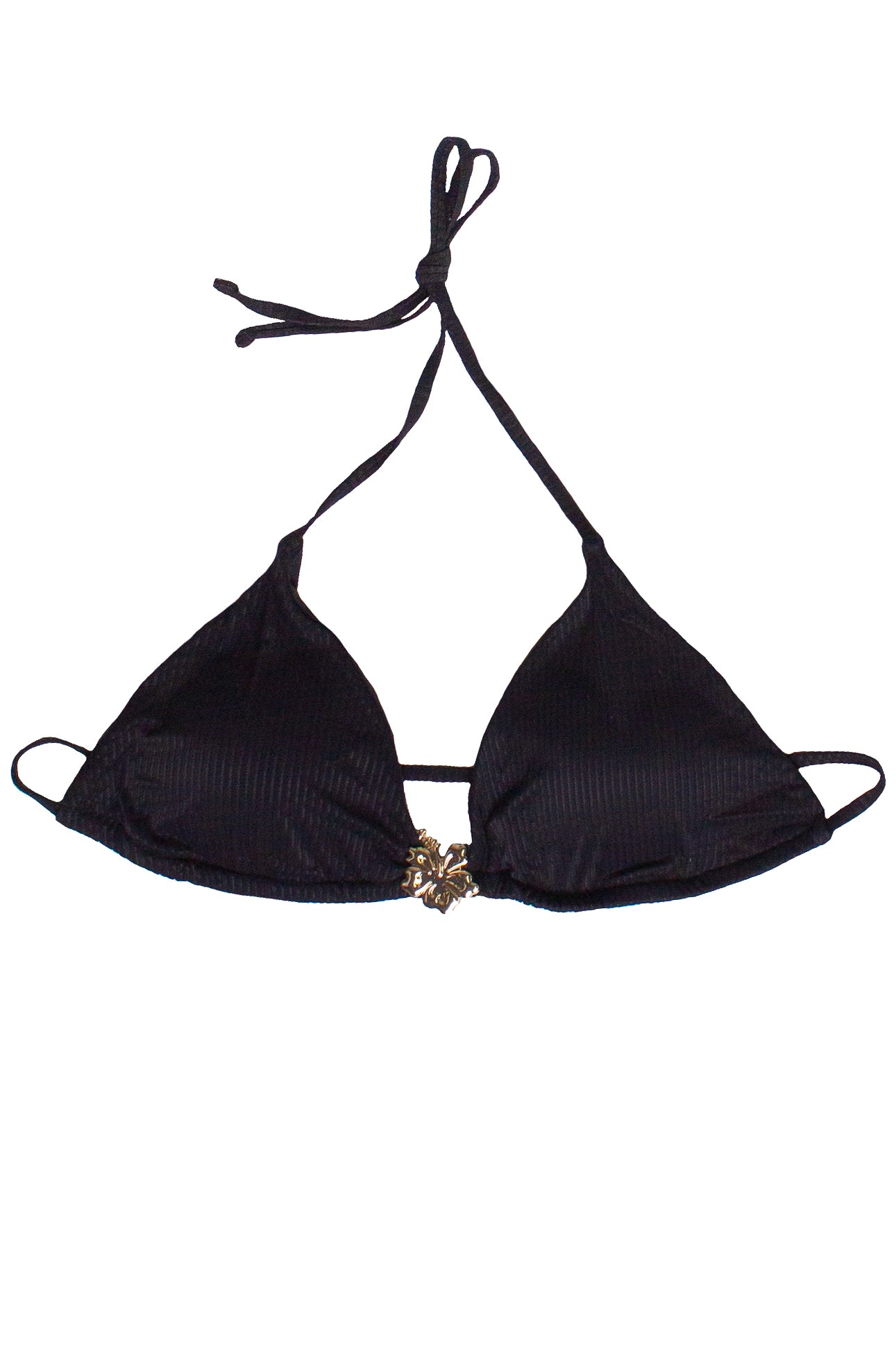 Ribbed Hibiscus Charm String Bikini Top - Black