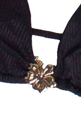 Ribbed Hibiscus Charm String Bikini Top - Black