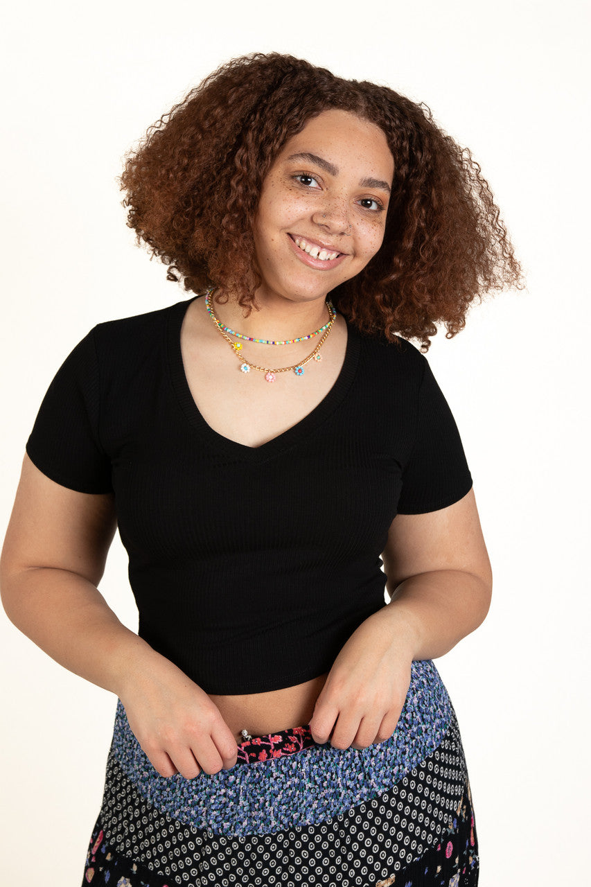 Extended Sizes Black Ribbed V Neck Crop Tee