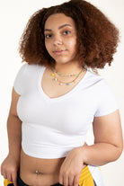 Extended Sizes White Ribbed V Neck Crop Tee