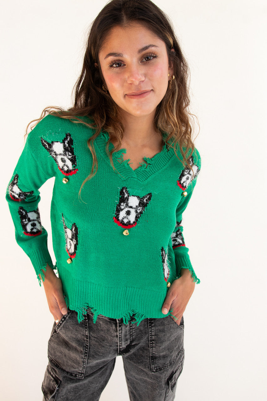 Boston Terrier Bell Distressed Sweater