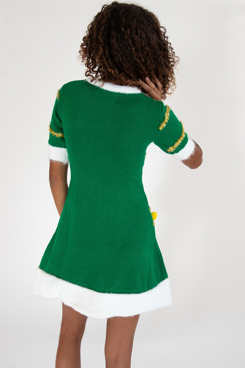 christmas sweater dress Dear Deer On Navy Holiday in 100% Cotton Tinsel Pom Christmas Tree Sweater
