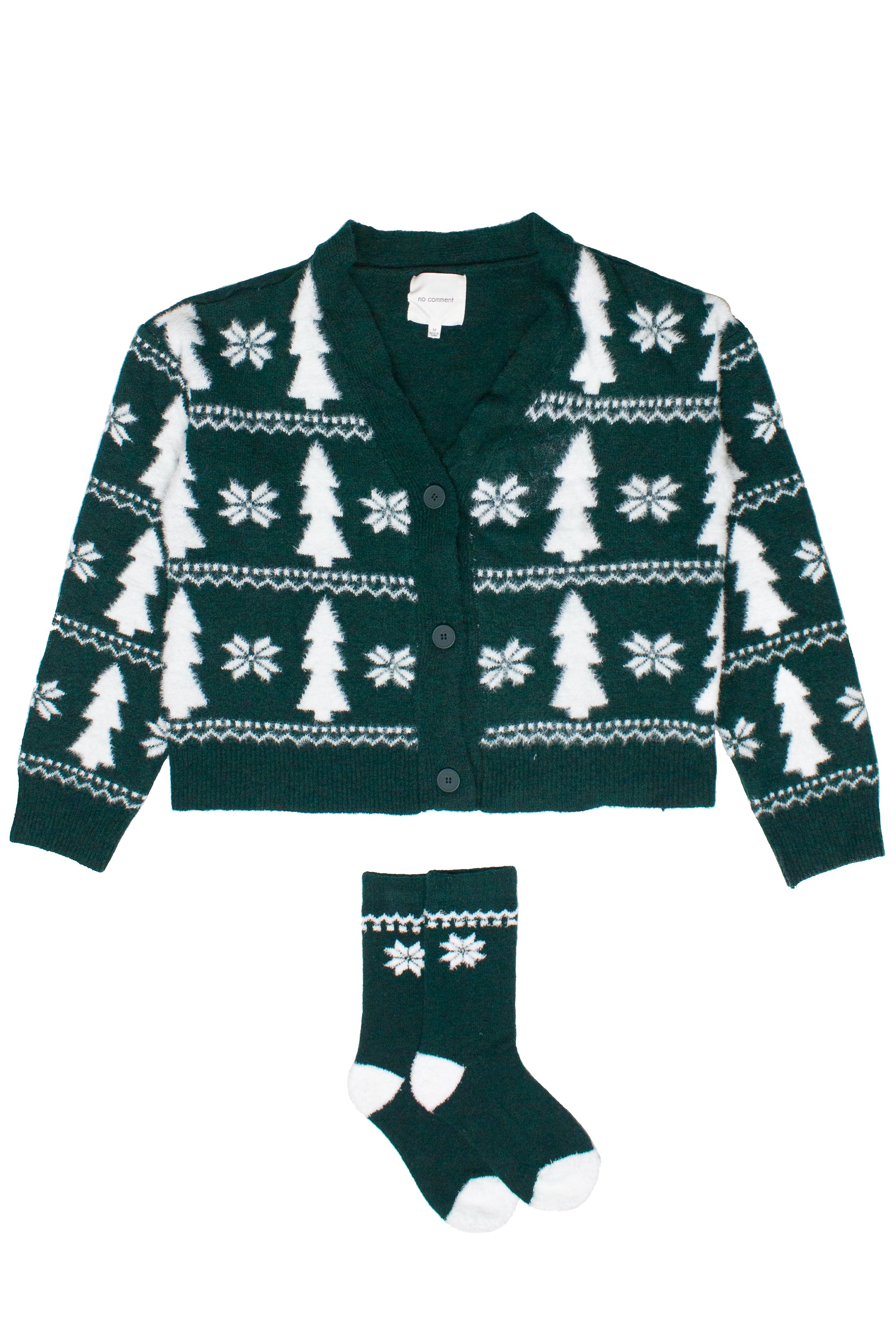 Tree Fair Isle Fuzzy Cardigan With Socks