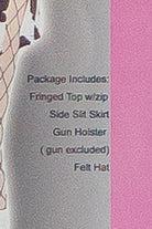 Text: Package Includes: Fringed Top w/zip, Side Slit Skirt, Gun Holster (gun excluded), Felt Hat