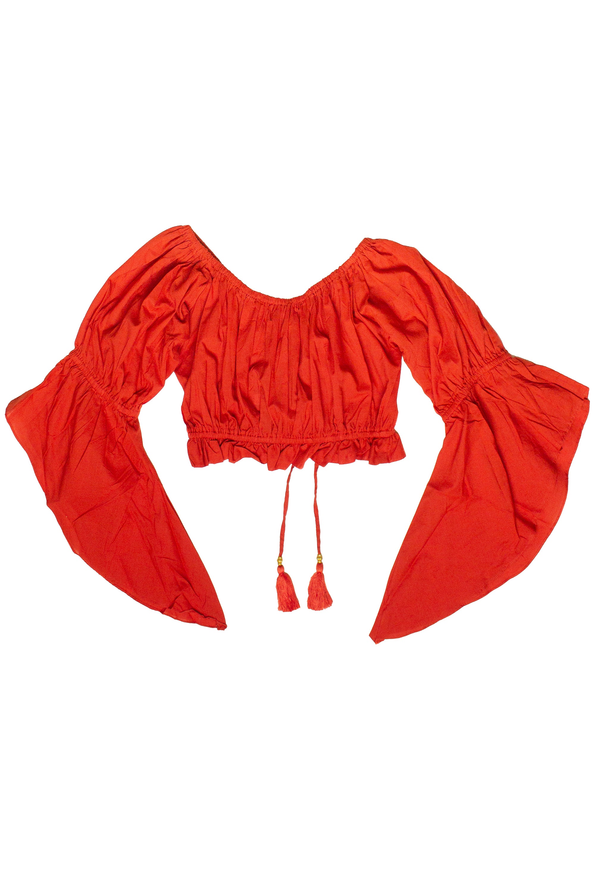 Ruched Front Peasant Crop Top - Red
