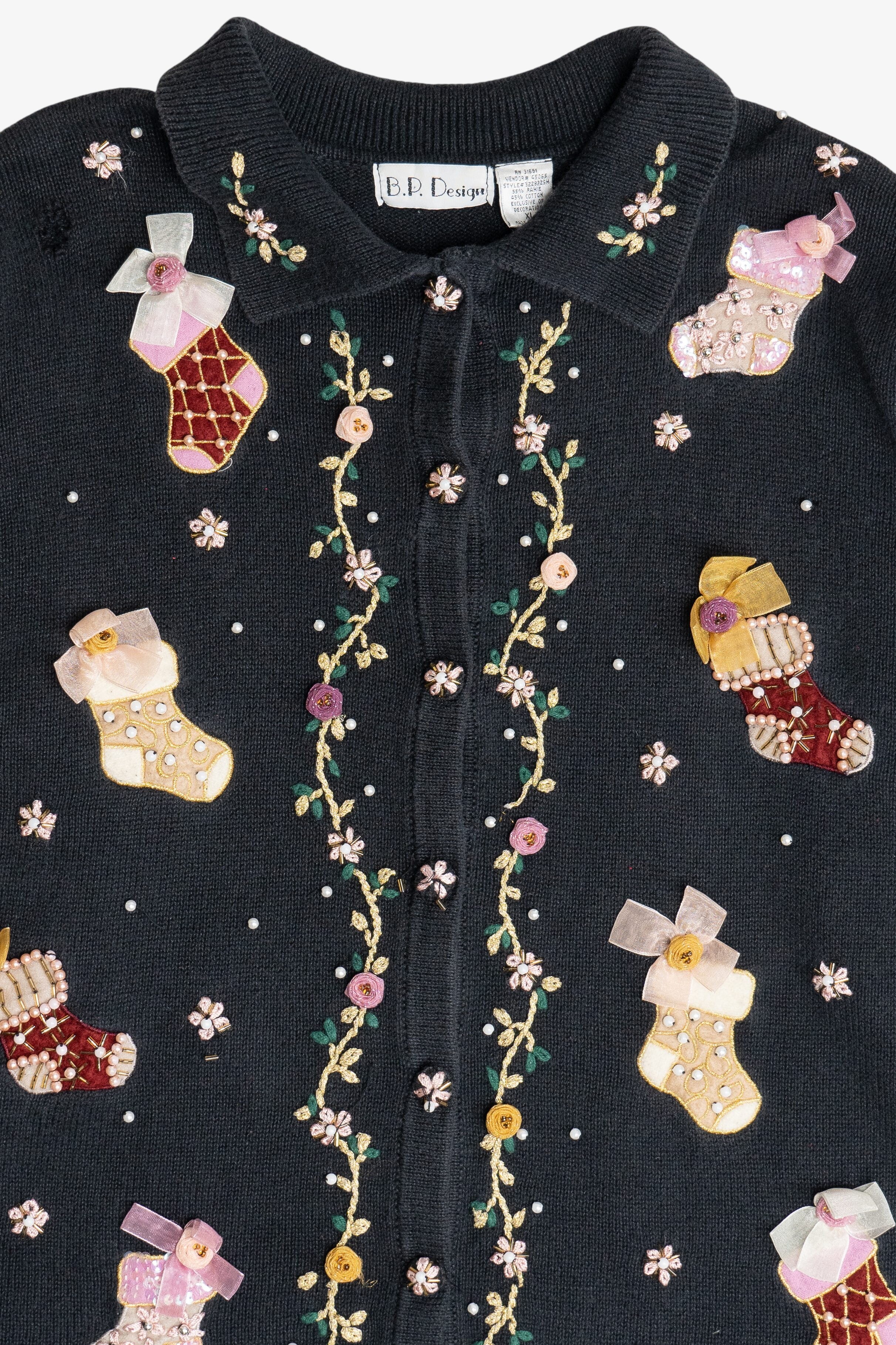 Vintage Distressed B.P. Designs Stockings Ugly Christmas Sweater (1990s)
