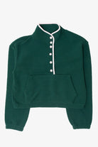 Dark green fleece mock-neck pullover with pale pink snap placket and front kangaroo pocket
