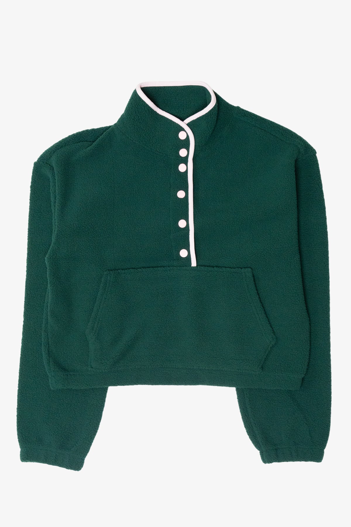 Dark green fleece mock-neck pullover with pale pink snap placket and front kangaroo pocket