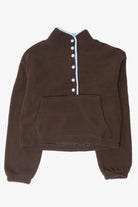 Brown fleece pullover sweatshirt with light blue snap buttons and kangaroo pocket