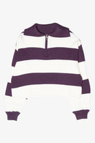 Cropped knit half-zip sweater with bold purple and white horizontal stripes and a ribbed collar