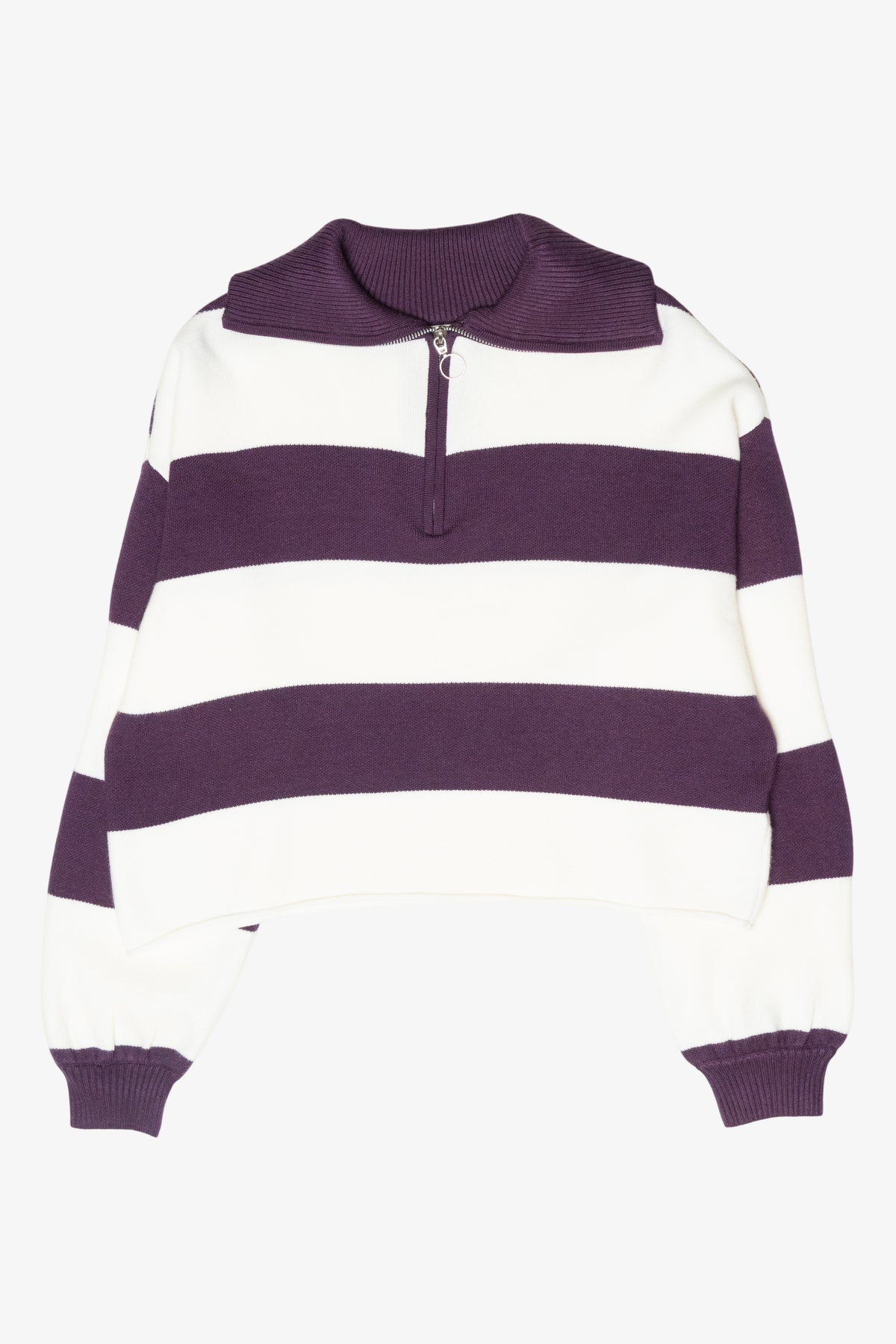 Cropped knit half-zip sweater with bold purple and white horizontal stripes and a ribbed collar