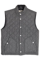 Gray quilted vest with button details on a white background