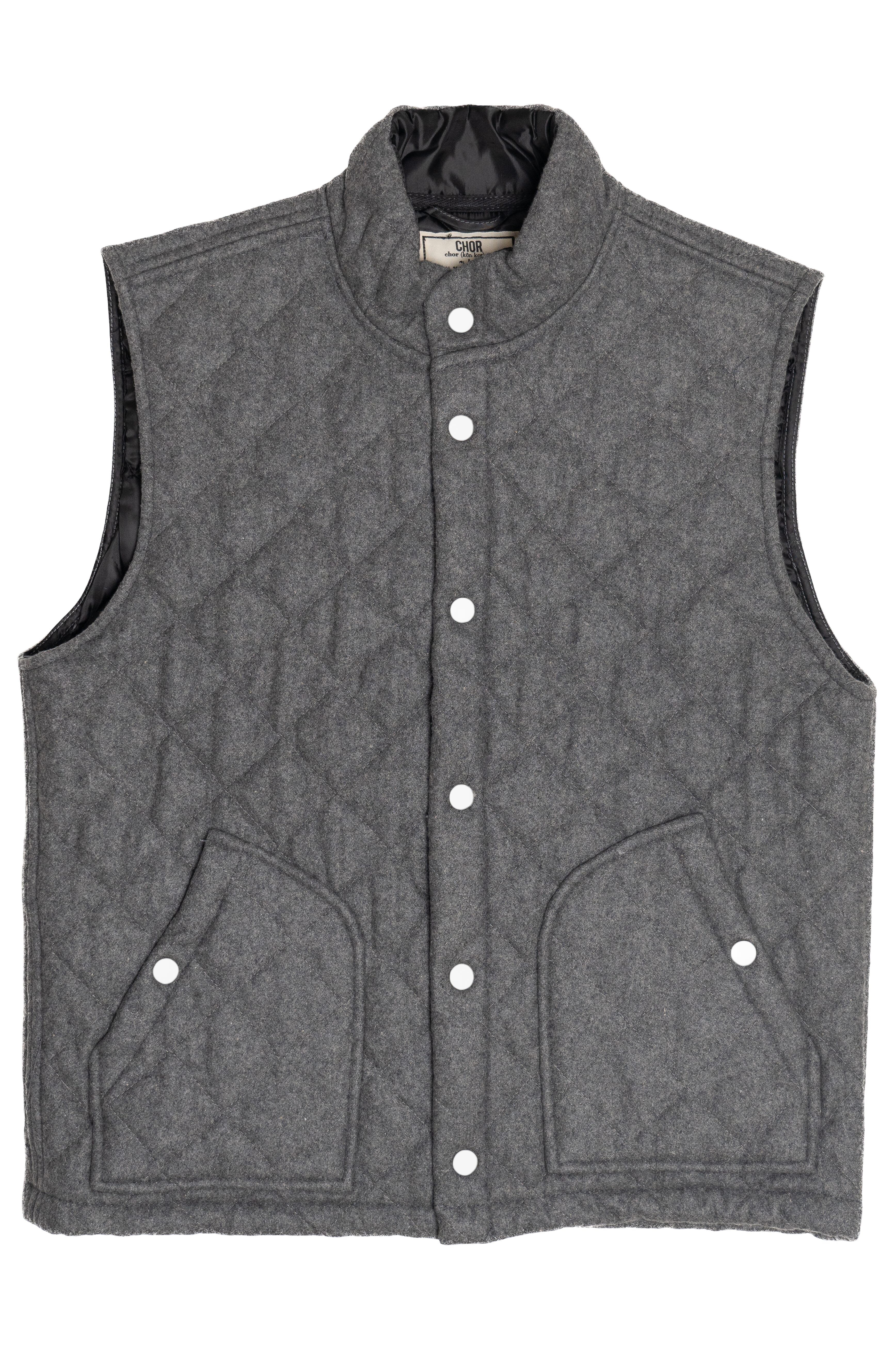 Gray quilted vest with button details on a white background