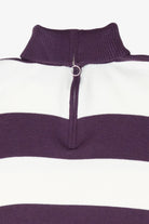 Purple and white striped knit mock neck sweater with half-zip and ring pull