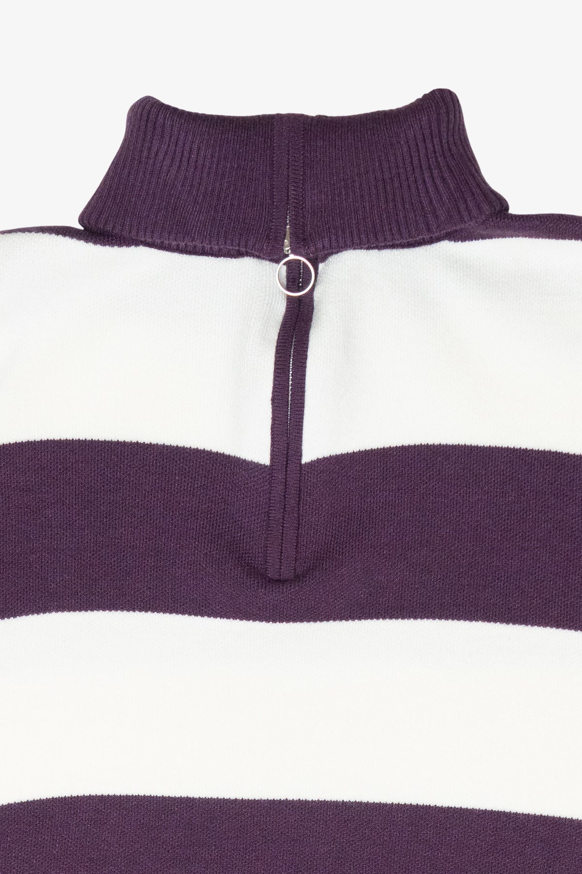 Purple and white striped knit mock neck sweater with half-zip and ring pull