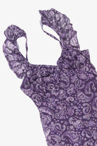 Purple paisley print mesh dress with ruffled straps and tie-front neckline
