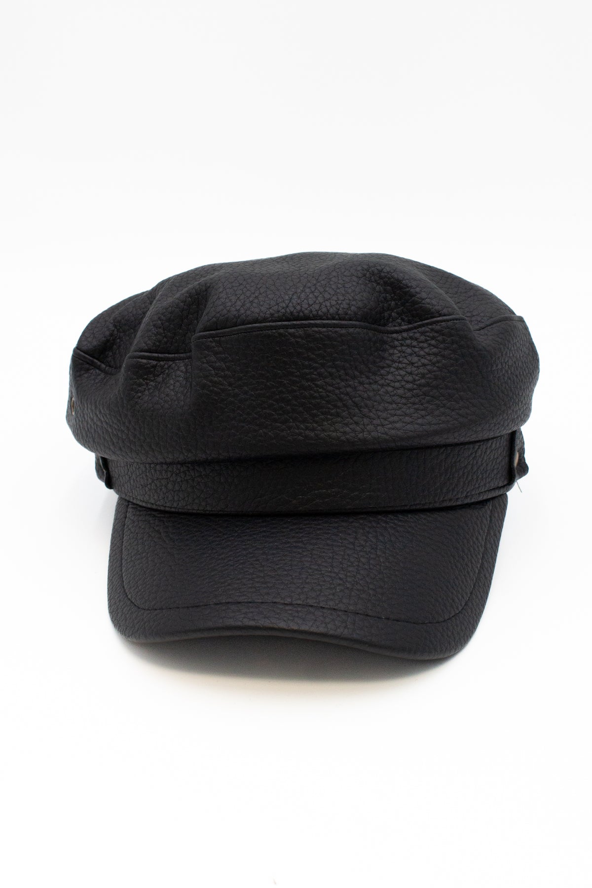 Black pebbled leather newsboy cap with a curved visor on a white background