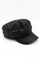 Black pebbled leather fisherman cap with visor and brass eyelets