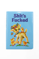 Blue rectangular magnet with vintage baby lamb and chicks under text reading Shit's Fucked