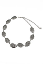 Silver-tone western chain belt with etched oval concho medallions