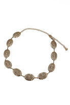 Antique gold Western chain belt with embossed oval concho medallions and adjustable link clasp