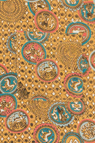 Patterned fabric with circular designs featuring animals on a yellow background