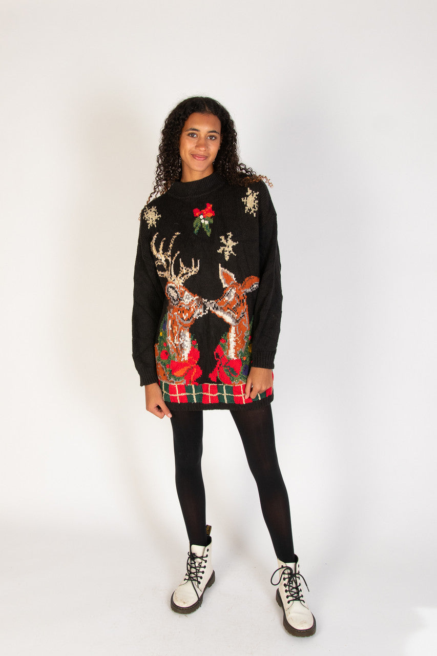 Reindeer Kiss Under Mistletoe Vintage Ugly Christmas Sweater 61736