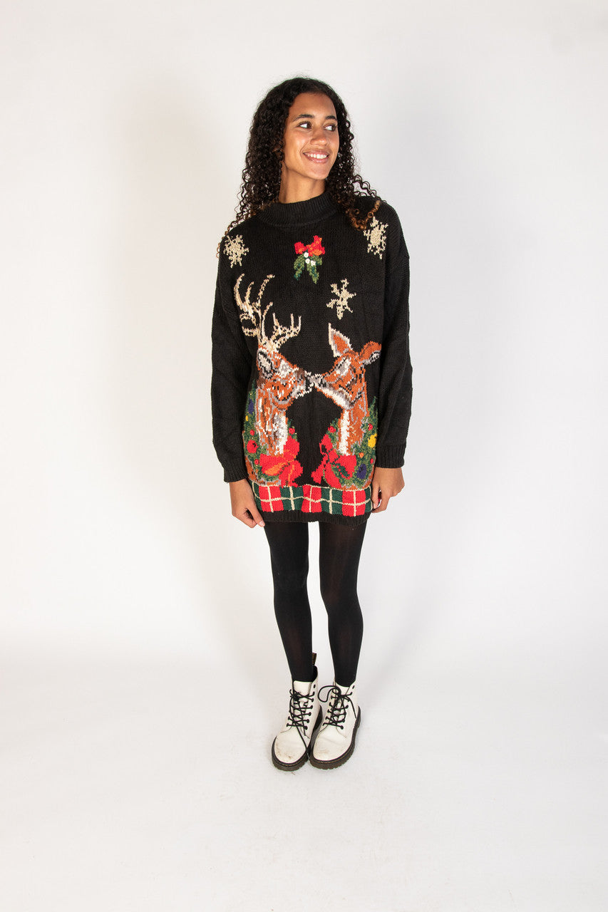 Reindeer Kiss Under Mistletoe Vintage Ugly Christmas Sweater 61736